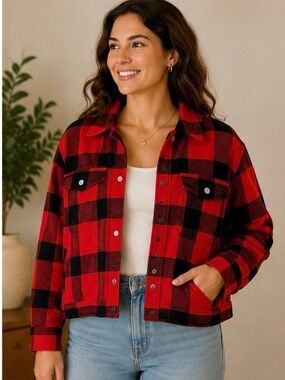 GAP Red & Black Plaid Button-Front Jean Jacket
